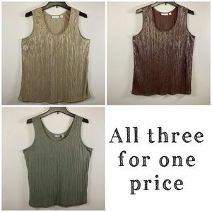 Susan Graver Chico’s Metallic Crinkle Round Neck Tank Gold Green Brown Medium